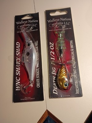 2 new Walleye Nation Creation lures shady shad ghost &golden root beer death jig