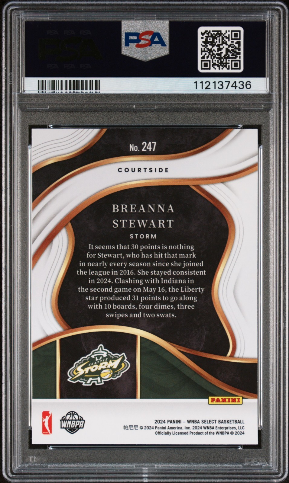 2024 PANINI SELECT WNBA #247 BREANNA STEWART COURTSIDE LIBERTY PSA 9 POP 1 view 2