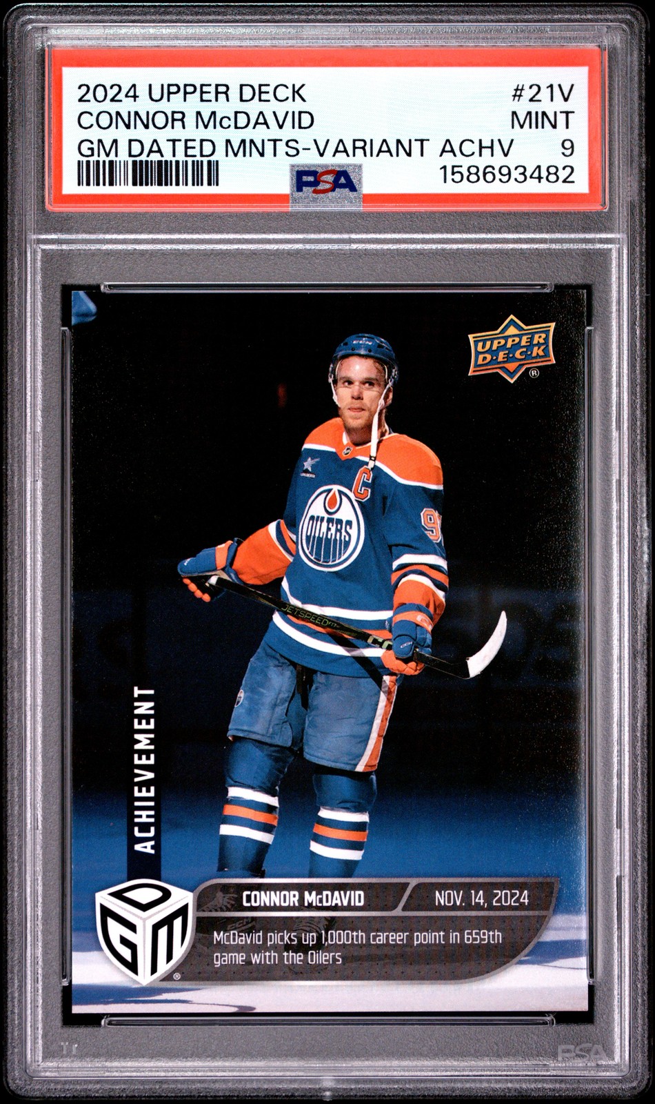 2024 UD GAME DATED MOMENTS VARIANT ACHIEVEMENT #21V CONNOR MCDAVID PSA 9