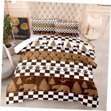 3-Piece Christmas Comforter Set Boho Deer Bear Pine Tree Checkered Queen Brown