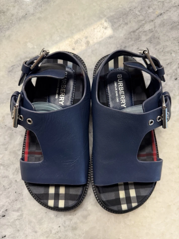 Сандалии Burberry детские темно-синие кожаные клетчатые с пряжкой ремешком размер 31 ЕС США 13 - Изображение 3 из 4