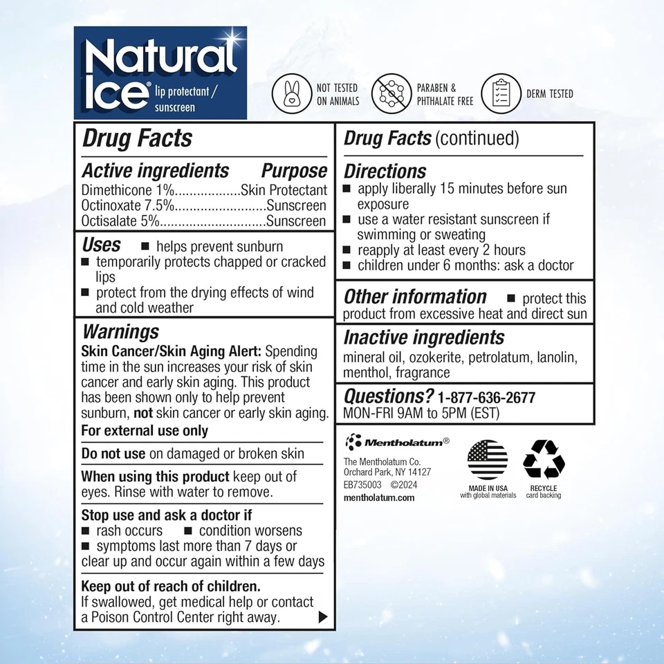 Paquete de 12 bálsamos labiales mentolatum hielo natural original FPS 15 0,15 OZ envío rápido Foto 4 de 4