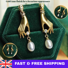 Elegant Vintage Style Art Deco Hands Gold Crystal Pearl Drop Earrings UK