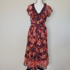 EUC Old Navy M Pullover Tiered Midi Dress Defined Waist V-Neck Babydoll Boho