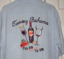 TOMMY BAHAMA Men's Medium 100% Silk Shirt Embroidered TO ZIN OR NOR TO ZIN Blue