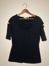 Boston Proper Women Stretch Cut Out Top Short Sleeve Black Medium USA Made