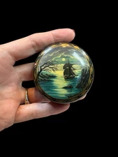 Vintage Ukrainian Pirate Sailing Ship  Handcrafted Black Lacquer Trinket Box