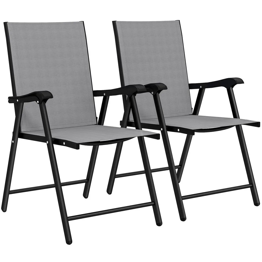 Outsunny Folding Garden Chairs Set Of 2 With High Back, Armrests, Light Grey - Image 2