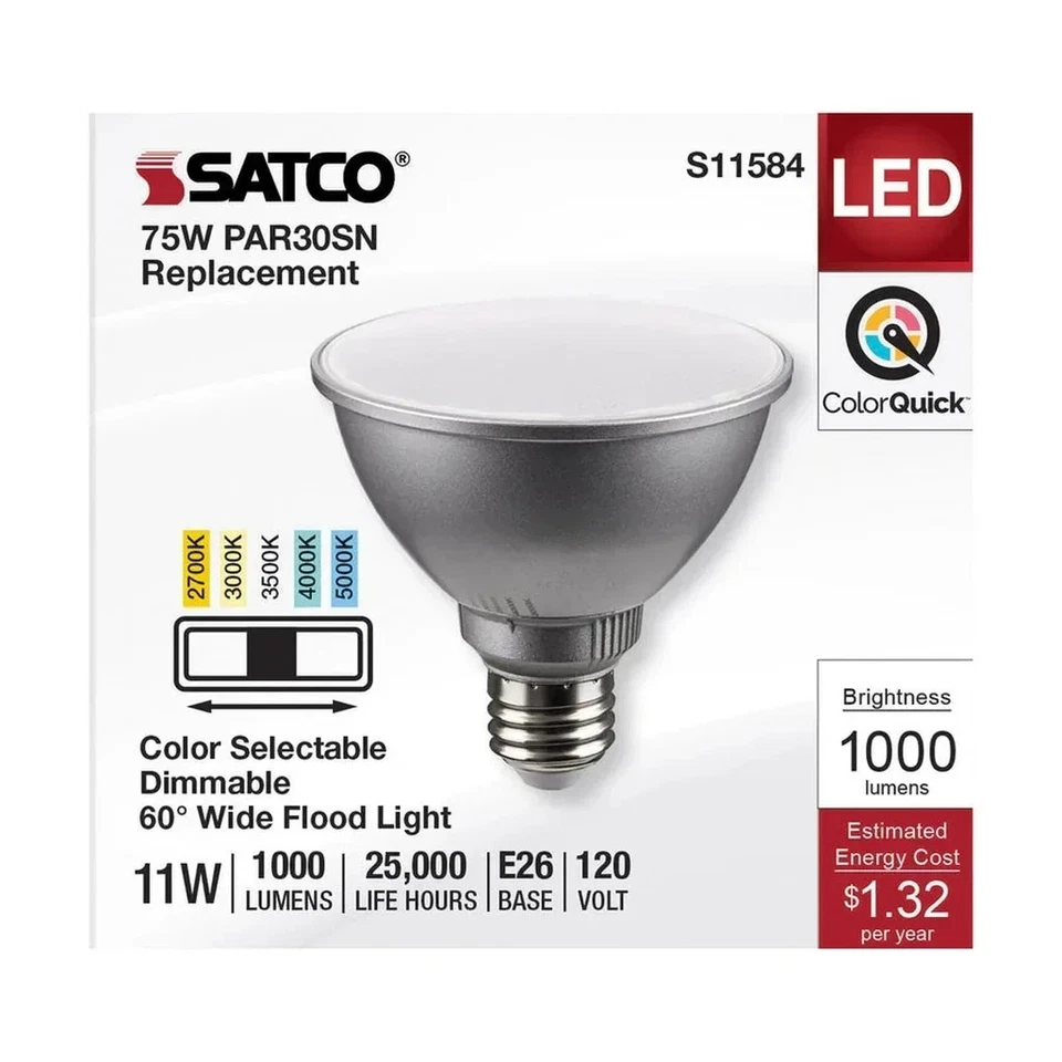 SATCO 11 Watt PAR30SN LED - Silver - CCT Select - 120V - 6PK - Image 4 of 4
