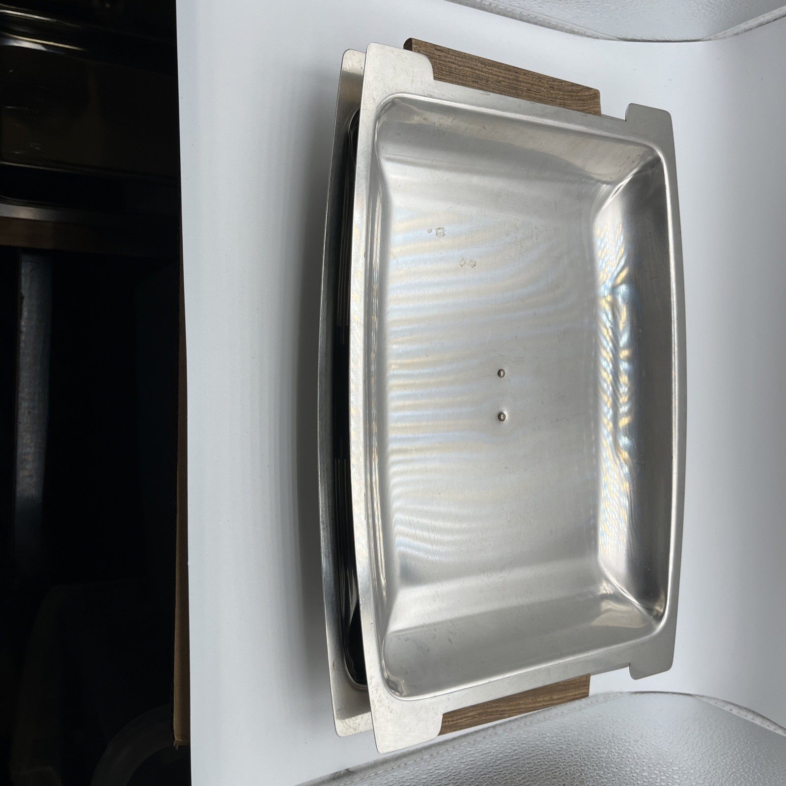 MCM Vtg Kalmar Stainless Steel & Teak Wood Serving Trays + Lid - 3 Piece Set