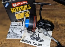 Garcia Mitchell 306 Vintage Saltwater Spinning Reel Used with Box With Papers