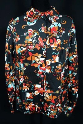 Blouse Florale Imprimée En Poly Knit Noir Coloré Des Années 1970 Taille Large - Photo 1/2