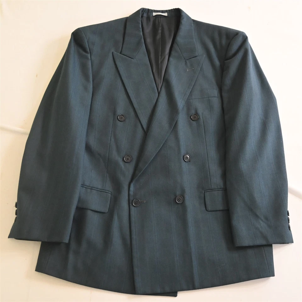 Traje De Colección Para Hombre Años 90 42R 34x30 Azul Teal Verde Rayas Doble Pecho Para Hombre Foto 2 de 4