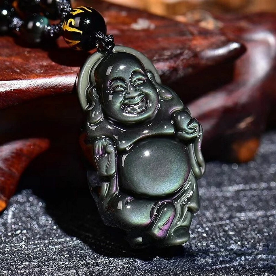 Collar Colgante Amuleto Buda Feliz Cristal Obsidiana Arco Iris con Cadena de Cuentas Foto 2 de 4