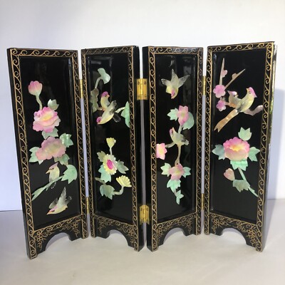 VTG 4 Panel Black Lacquer Asian Mother of Pearl Table Screen 3D