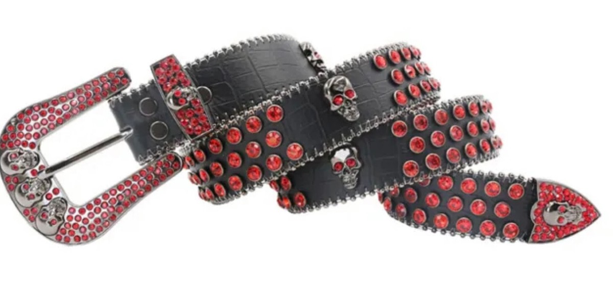 Skull Black Genuine Leather Red Rhinestone Belt | eBay