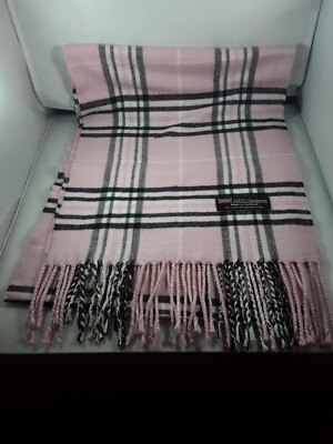 Made In Scotland 100% CASHMERE Scarf With Fringe Pink/Black Plaid 12 x 72