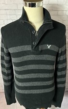 American Eagle Sweater Mens Large Button Mock Neck Classic Fit Black