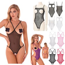 Women's Hollow Out See Through Sheer Mesh Thong Bodysuit Lingerie Nightwear