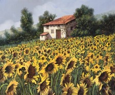 ceramic tile mural backsplash medallion. sunflower field farm Tuscany Italy.