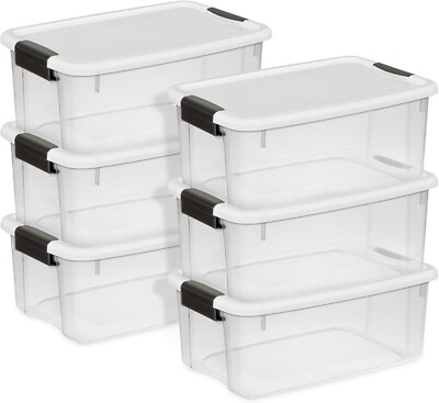 Sterilite 6-Pack Stackable Storage Bin with Lid, Clear Plastic Design, 18 Quart
