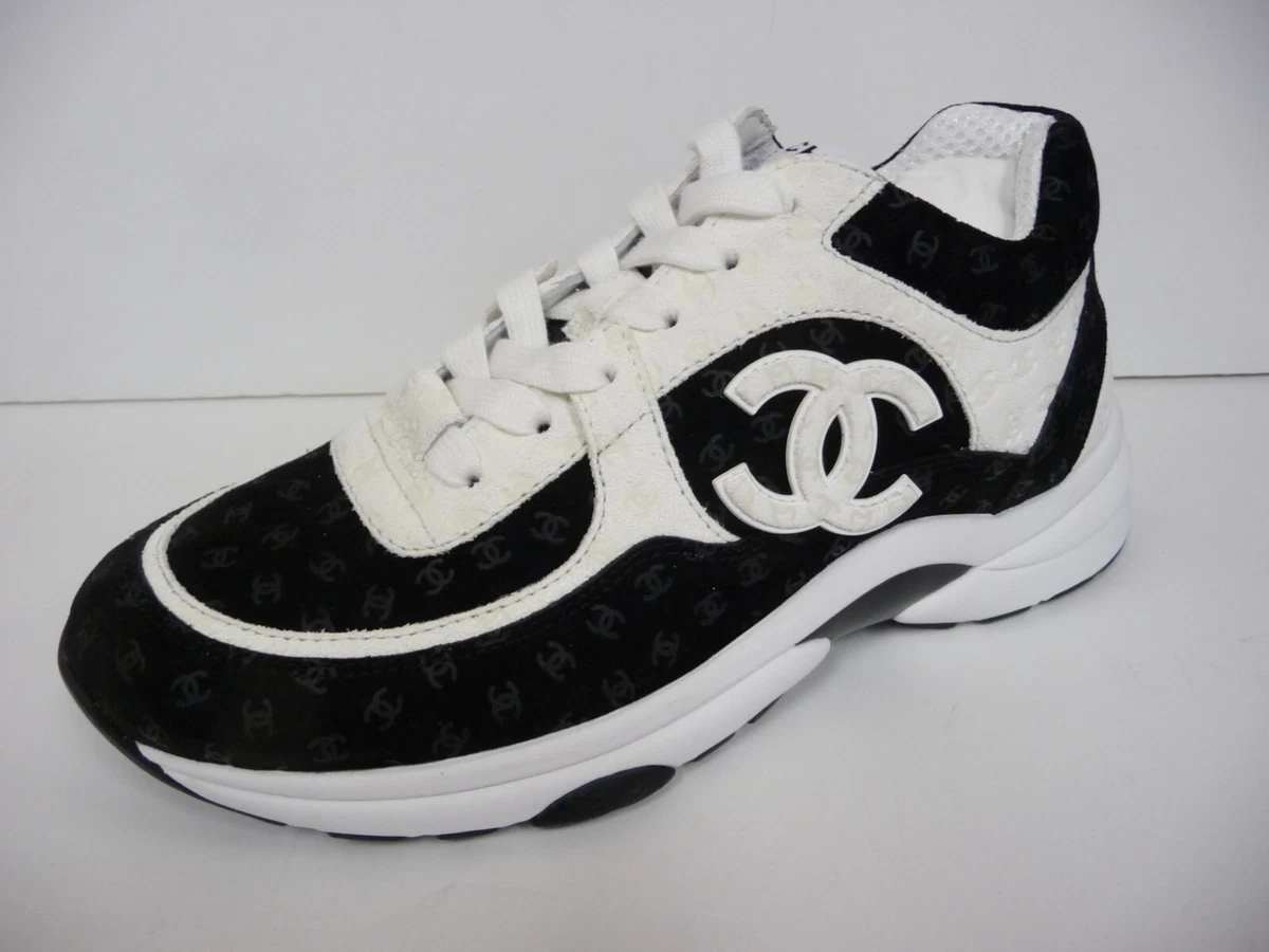 Chanel Black/White Suede and Fabric CC Sneakers Size 40 at 1stDibs