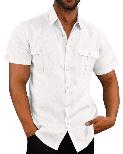 Hot, Men's Cotton Linen Short Sleeve Shirt - Casual Vacation Shirt, 7 Colors - Picture 19 of 25