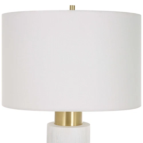 Textured White Faux Wood Column Table Lamp Cylinder Brass Gold MidCentury Modern - Picture 6 of 9