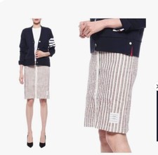  700 NWT THOM BROWNE Tweed Knit Stripe Logo Patch Elastic Waist Skirt 44