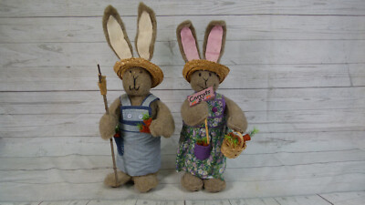 Set of 2 - Vintage Handmade Fabric Folk Art Bunny Rabbit Selling Carrots