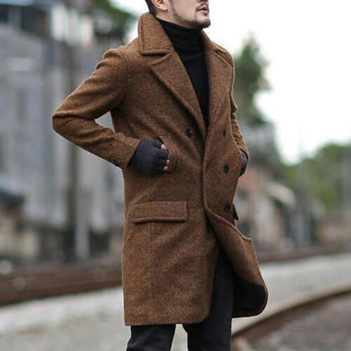 Men's Double-Breasteed Overcoat Long Jacket Fashion Pea Coat Winter Warm Lapel - Picture 1 of 9