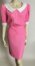 1980s 90s Vintage Designer JS Scherrer Pink White 2 Piece Skirt Top Set 42 M