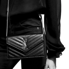 New!!! Authentic Saint Laurent Cassandre Matelassé Envelope Chain Wallet Nero