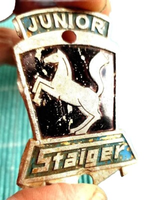 Junior Staiger, altes Steuerkopfschild, Hengst Pferd, Oldtimer Fahrrad Plakette 