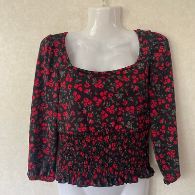 Lark + Grey Smoked Top for Women LongSleeves Floral Top Black & Red  Small - NEW