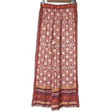 Anthropologie Vale Satin Boho Pattern Elastic Waist Wide Leg Pant Size S