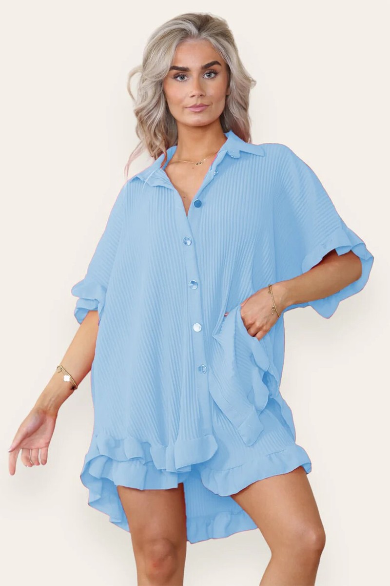 Women's Gold Button Pleated Dress & Shorts Co-ord Set - Collared Frill Top, Summer Outfit