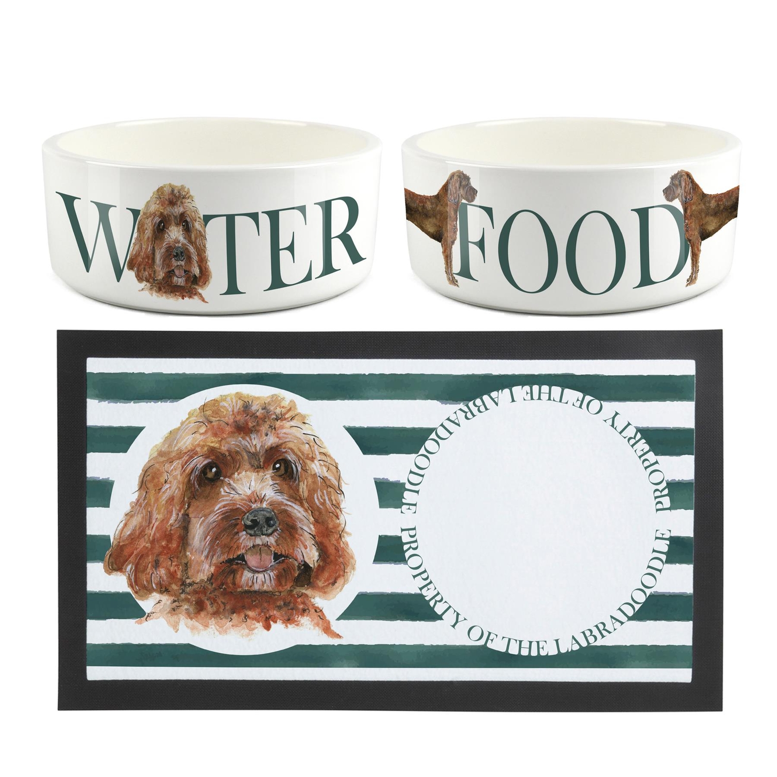 Labradoodle Dog Bowls & Mat Set - Large White Ceramic Food/Water Dish Gift