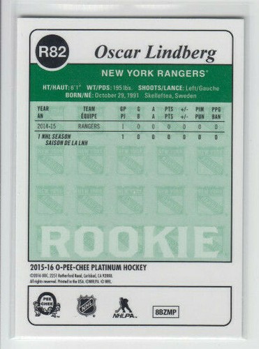 15/16 OPC Platinum New York Rangers Oscar Lindberg Retro RC card #R82 - Picture 2 of 2