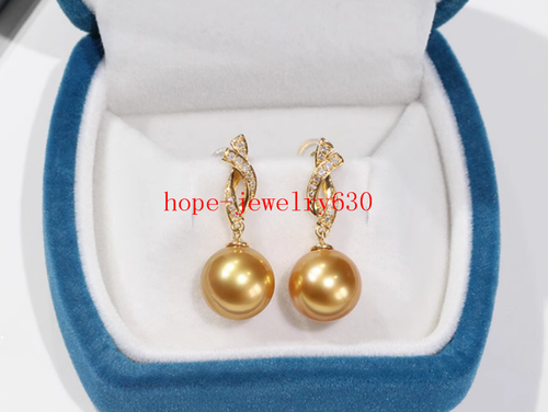 Real 18k Yellow Gold AAAA+ 11-12mm Natural gold South Sea Round Pearl Earrings - Picture 7 of 8