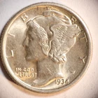 1934 P Mercury Dime 10C Cents Coin Silver, AU/UNC! Reverse Marks