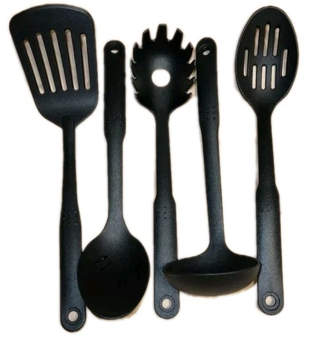 CINCO (5) Utensilios T-FAL ~ NEGRO ~ Espátula ~ 2 cucharas ~ Servidor de pasta ~ Cucharón Foto 3 de 4