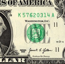 8 digit broken ladder 0-7 Fancy Serial Number One Dollar bill K57620314A