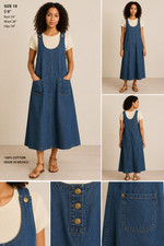 Vintage Denim Jumper Maxi Dress Size 10 Cotton Button Shoulder Pinafore Pockets