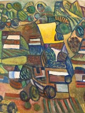 Très Belle Peinture Huile Sur Toile Cubiste Cubisme Paysage Village Maison Arbre