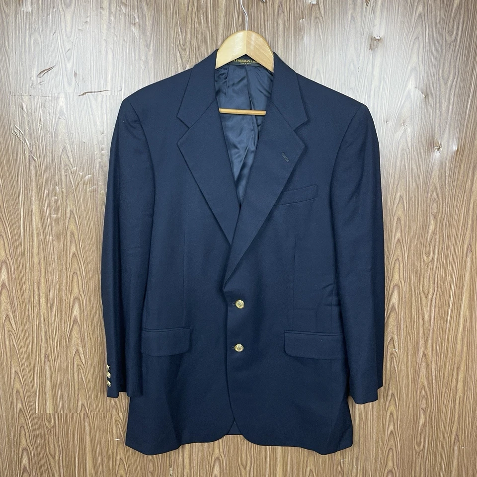 H Freeman and Son USA Made Blazer Jacket Mens 40R Blue Wool Brass Metal Buttons - Image 2 of 4