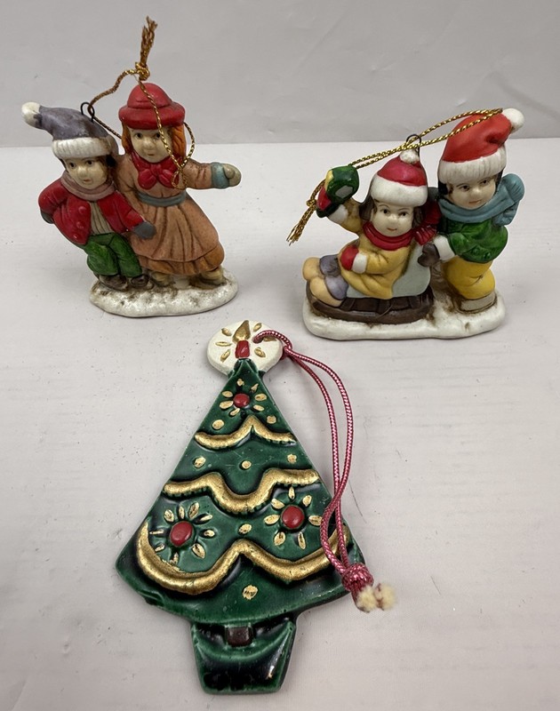 3pcs Vintage Christmas Porcelain/Ceramic Ornaments - Tree & Children Outdoors