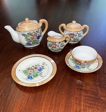 Vintage Childs 8 pc Tea Set, Iridescent White  Peach w/ Floral, Japan 1940s-60s