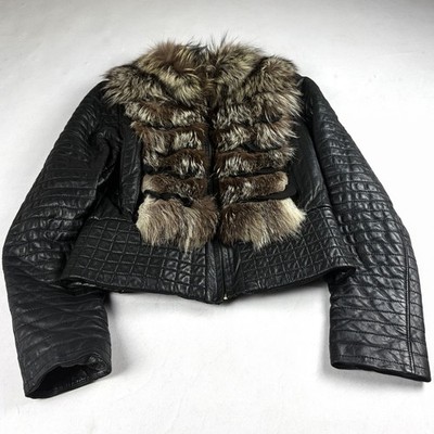 Womens Vintage Genuine Leather Jacket Real Fur Trim Quilted Biker Luxury Y2K