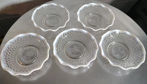 Vintage Anchor Hocking " Moonstone " Opalescent Hobnail Bowls 5 1/2"